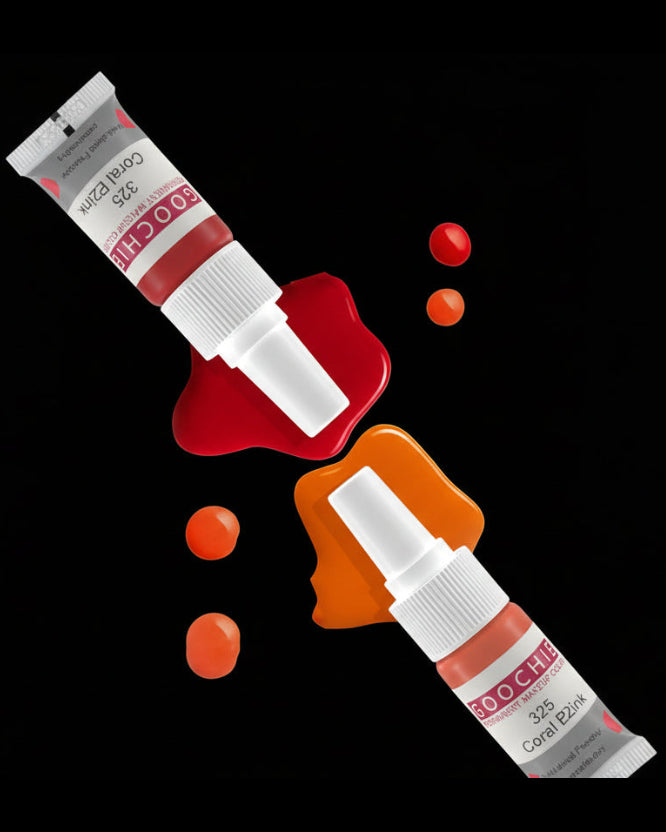 GOOCHIE permanent makeup color with red and orange shades on a beige background